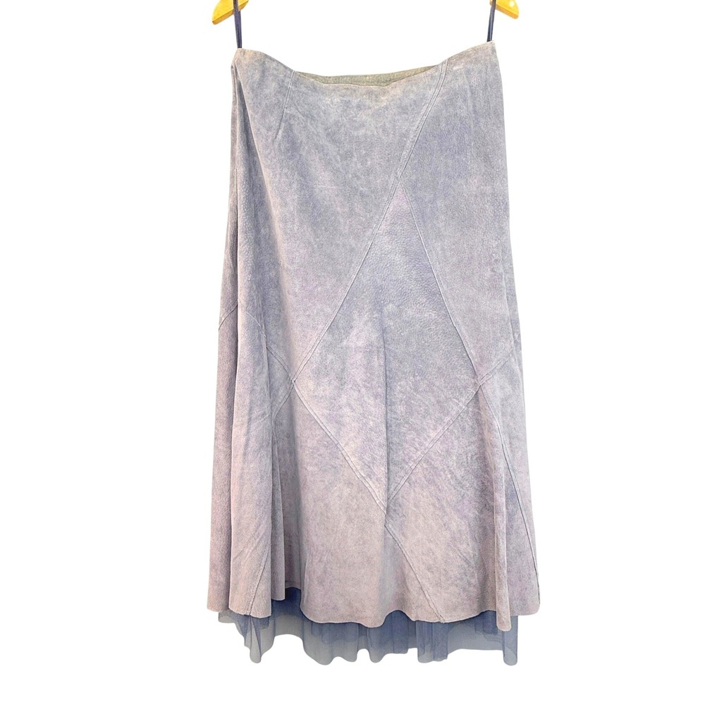 Vintage 90s Western Suede Maxi Skirt Womens 12 Blue Leather Tulle Trim Boho